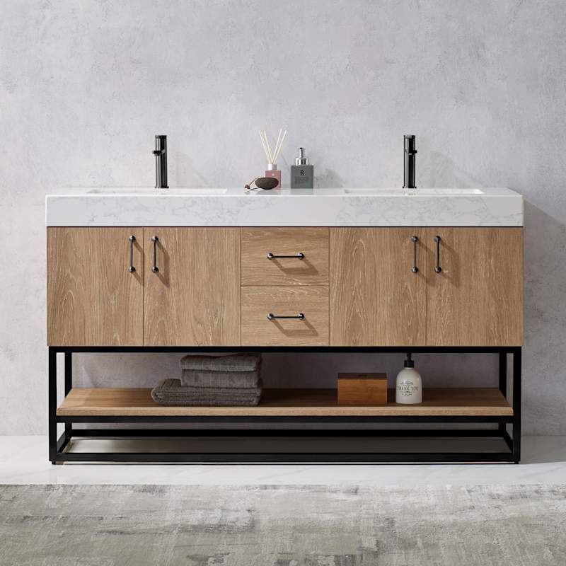 Miseno Alistair 60" Free Standing Double Basin Vanity Set with Cabinet, Stone Top, USB Port & Electrical Outlet - North American Oak - Image 2