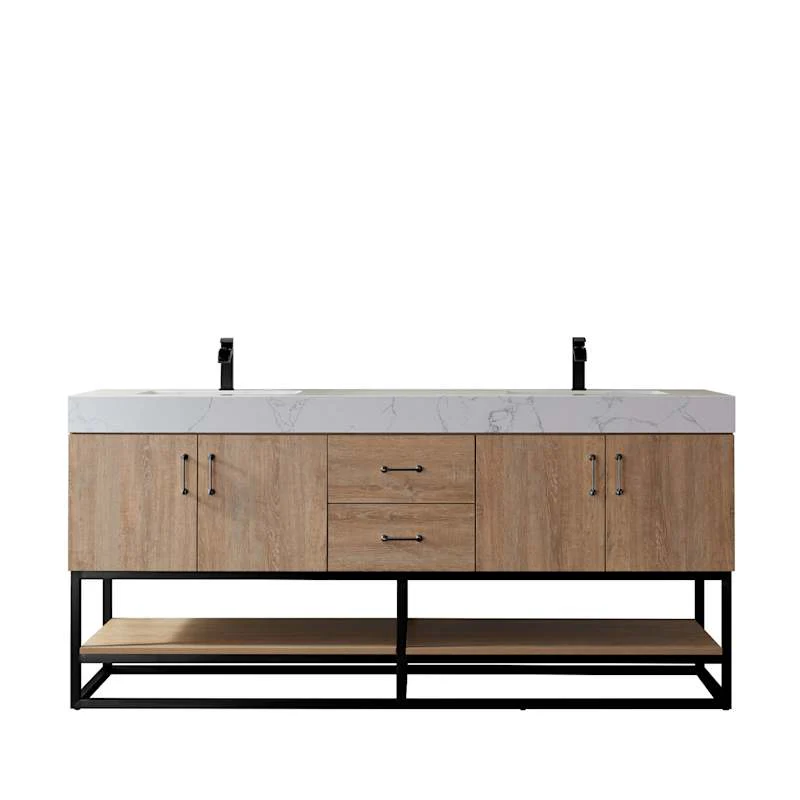 Miseno Alistair 72" Freestanding Double Sink Bathroom Vanity with Stone Top, Integrated Ceramic Basins, USB Port & Electrical Outlet - North American Oak