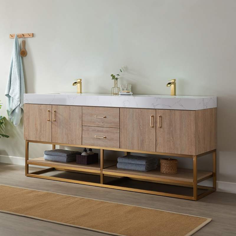 Miseno Alistair 72-in Free Standing Double Sink Bathroom Vanity Set with Stone Top, Integrated Ceramic Basins, USB Port & Electrical Outlet - North American Oak - Image 3