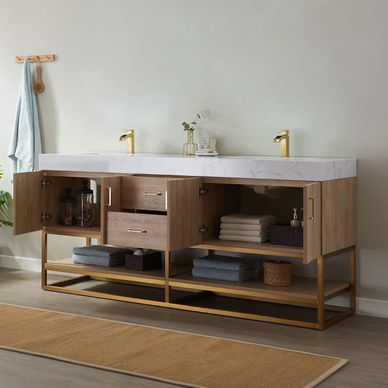 Miseno Alistair 72-in Free Standing Double Sink Bathroom Vanity Set with Stone Top, Integrated Ceramic Basins, USB Port & Electrical Outlet - North American Oak - Image 4