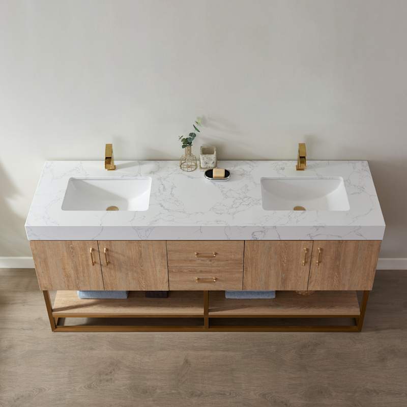 Miseno Alistair 72-in Free Standing Double Sink Bathroom Vanity Set with Stone Top, Integrated Ceramic Basins, USB Port & Electrical Outlet - North American Oak - Image 5