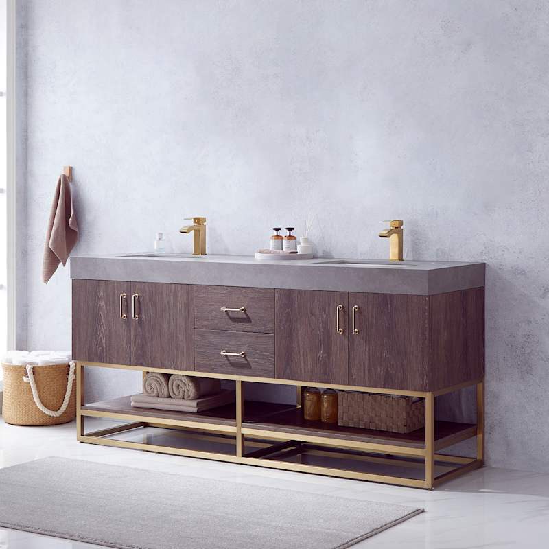 Miseno Alistair 72-in Free Standing Double Sink Bathroom Vanity Set with Stone Top, Integrated Ceramic Basins, USB Port & Electrical Outlet - North American Oak - Image 7