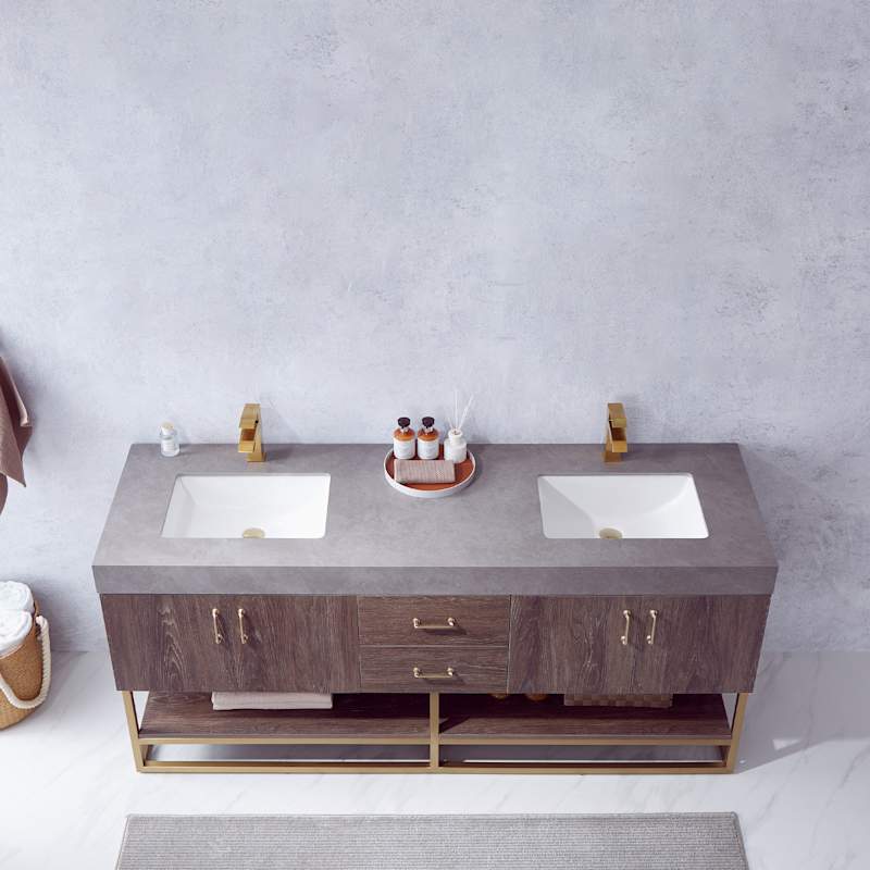 Miseno Alistair 72-in Free Standing Double Sink Bathroom Vanity Set with Stone Top, Integrated Ceramic Basins, USB Port & Electrical Outlet - North American Oak - Image 8
