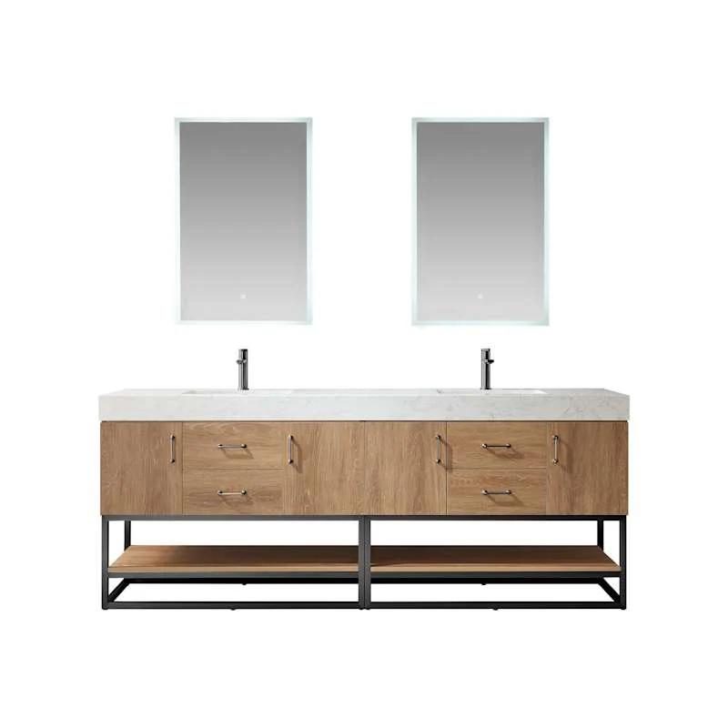 Miseno Alistair 84" Free Standing Double Basin Vanity Set with Stone Top, USB/Electrical Outlet, and Two LED Mirrors - North American Oak