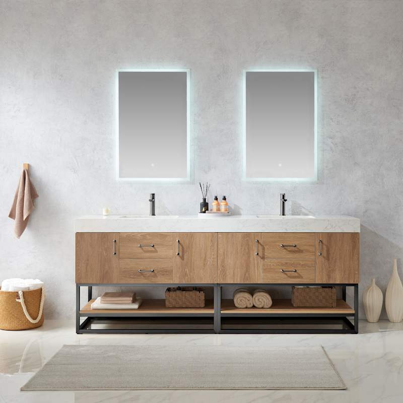 Miseno Alistair 84" Free Standing Double Basin Vanity Set with Stone Top, USB/Electrical Outlet, and Two LED Mirrors - North American Oak - Image 2