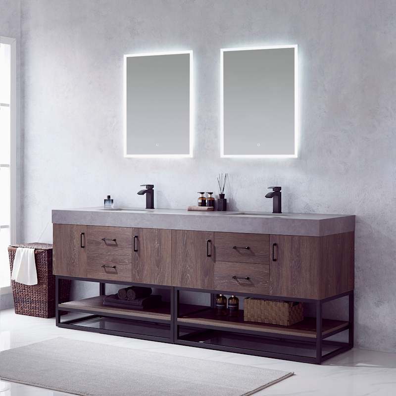 Miseno Alistair 84" Free Standing Double Basin Vanity Set with Stone Top, USB/Electrical Outlet, and Two LED Mirrors - North American Oak - Image 6