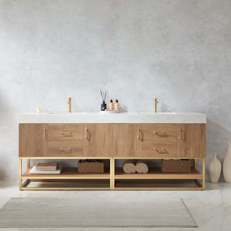 Miseno Alistair 84" Free Standing Double Basin Vanity Set with Stone Top, USB Ports and Electrical Outlet - North American Oak - Image 2