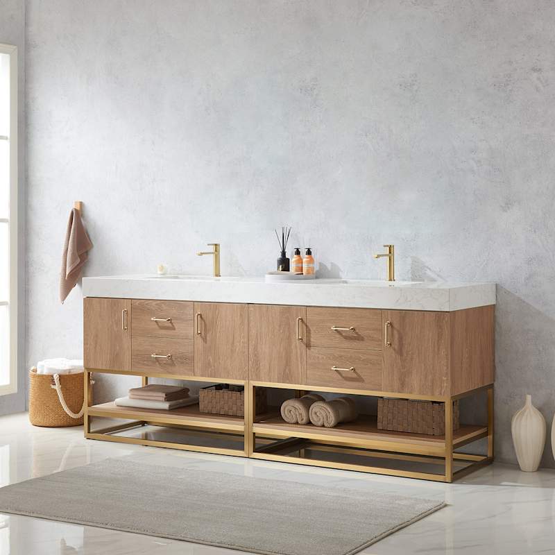 Miseno Alistair 84" Free Standing Double Basin Vanity Set with Stone Top, USB Ports and Electrical Outlet - North American Oak - Image 3