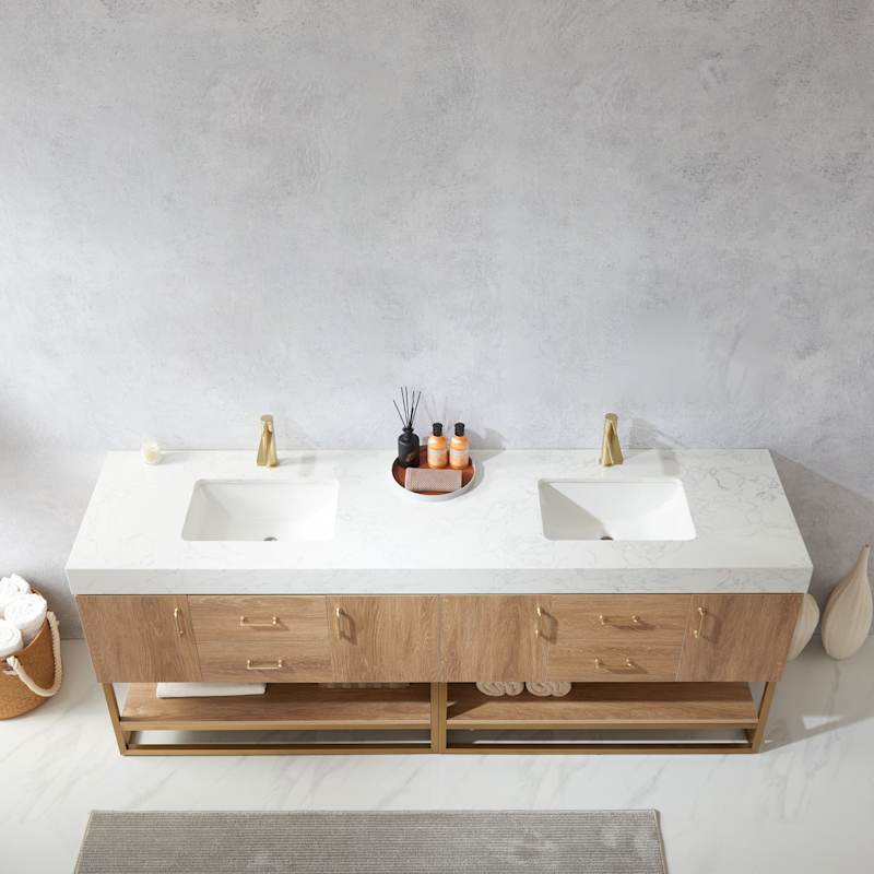 Miseno Alistair 84" Free Standing Double Basin Vanity Set with Stone Top, USB Ports and Electrical Outlet - North American Oak - Image 4
