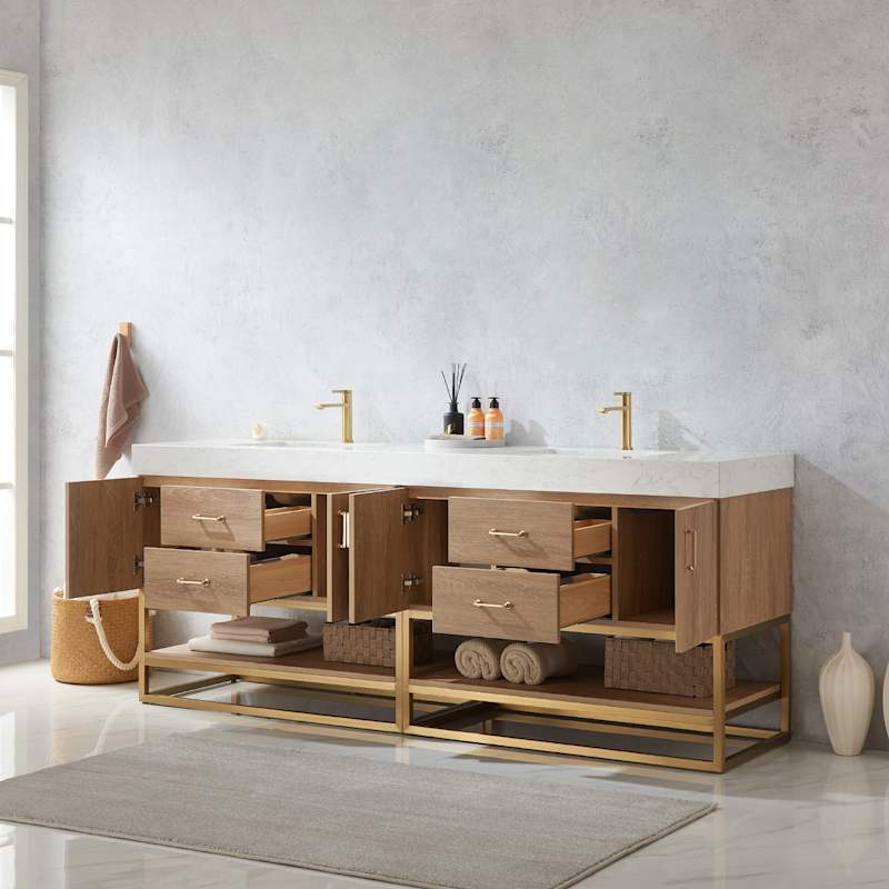 Miseno Alistair 84" Free Standing Double Basin Vanity Set with Stone Top, USB Ports and Electrical Outlet - North American Oak - Image 5