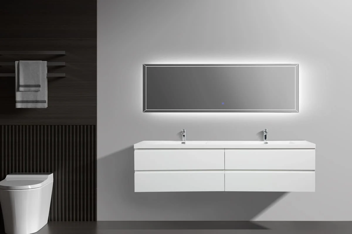 Miseno Aurora 84" Wall-Mounted Double Basin Vanity Set with 4-Drawer Cabinet and Acrylic Top (Sonoma Oak) - Image 2
