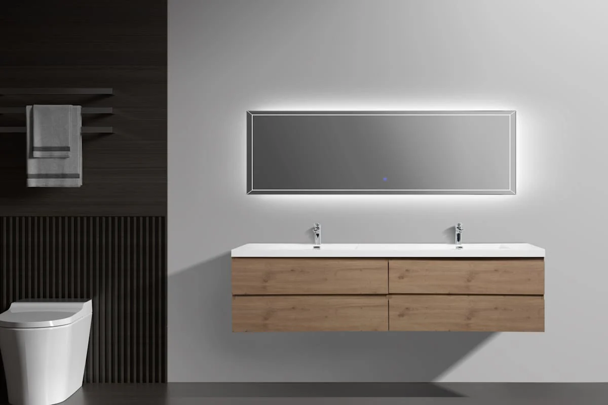 Miseno Aurora 84" Wall-Mounted Double Basin Vanity Set with 4-Drawer Cabinet and Acrylic Top (Sonoma Oak) - Image 3