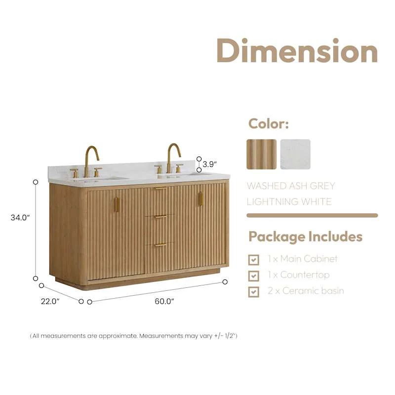 Miseno Cádiz 60" Free Standing Double Basin Vanity Set with Solid Wood Cabinet and Composite Stone Top – Washed Ash Grey - Image 3