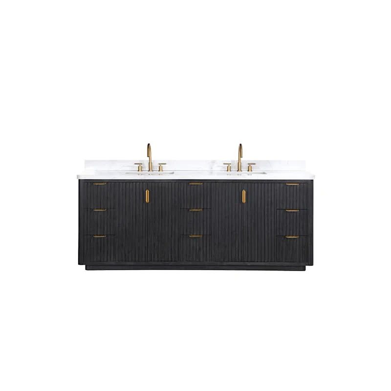 Miseno Cádiz 84" Freestanding Double Basin Vanity Set with Cabinet and Stone Composite Top – Fir Wood Black/Lightning White