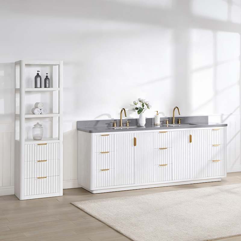 Miseno Cádiz 84" Freestanding Double Basin Vanity Set with Cabinet and Stone Composite Top – Fir Wood Black/Lightning White - Image 8