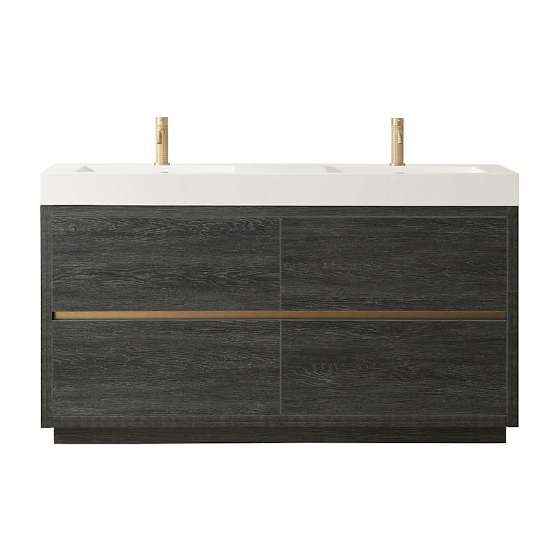 Miseno Huesca 60" Free Standing Double Basin Vanity Set with Cabinet and Composite Stone Top – North American Black Oak, No Mirror