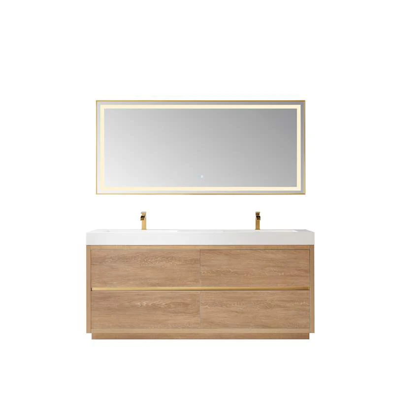 Miseno Huesca 72" Free Standing Double Basin Vanity Set with Wood Cabinet, Stone Composite Top, and 72" x 32" Rectangular Mirror - North American Oak