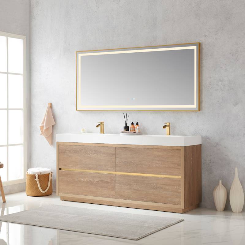 Miseno Huesca 72" Free Standing Double Basin Vanity Set with Wood Cabinet, Stone Composite Top, and 72" x 32" Rectangular Mirror - North American Oak - Image 3