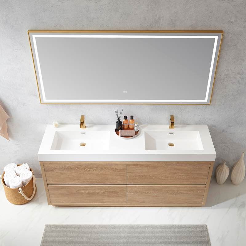 Miseno Huesca 72" Free Standing Double Basin Vanity Set with Wood Cabinet, Stone Composite Top, and 72" x 32" Rectangular Mirror - North American Oak - Image 4