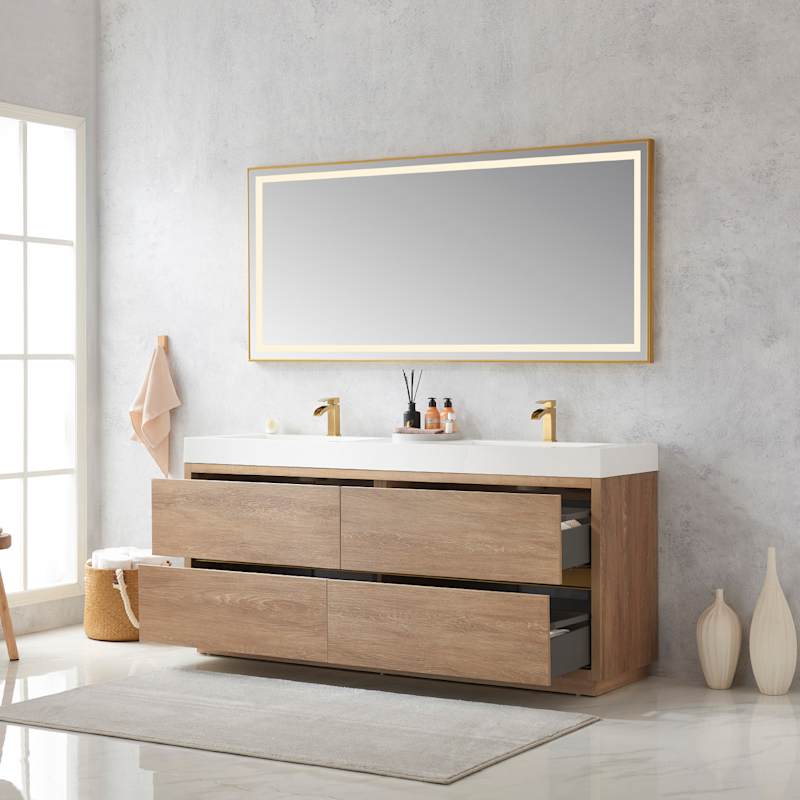 Miseno Huesca 72" Free Standing Double Basin Vanity Set with Wood Cabinet, Stone Composite Top, and 72" x 32" Rectangular Mirror - North American Oak - Image 5