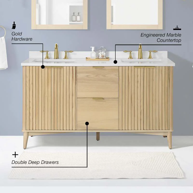 Miseno Indy 60" Free Standing Double Basin Vanity Set with Cabinet and Cultured Marble Top - 4 Doors, 2 Drawers, 8" Widespread - Image 5