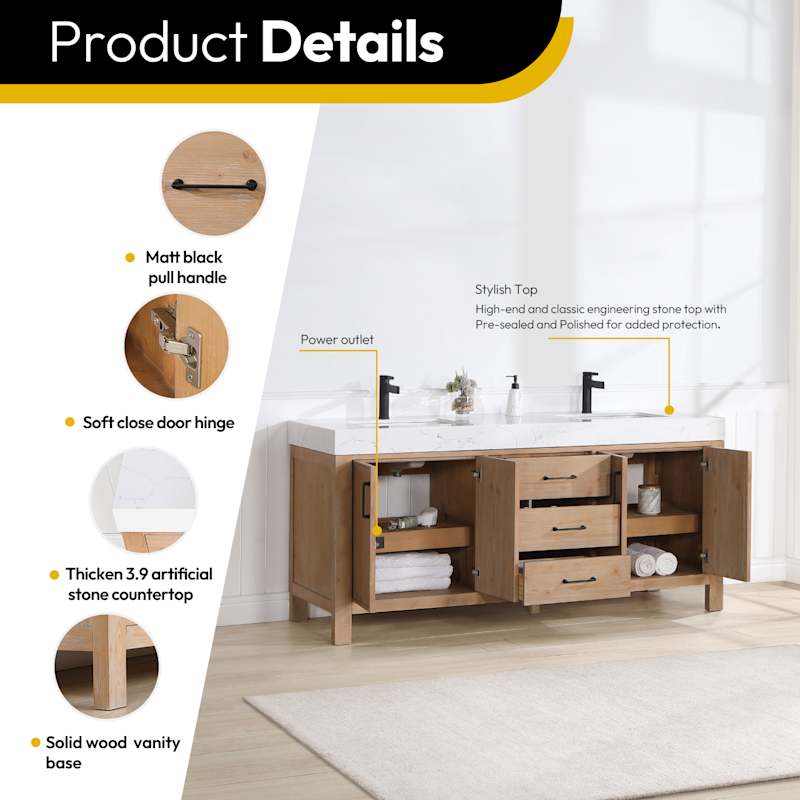 Miseno León 72" Free Standing Double Basin Vanity Set – Solid Wood Cabinet with Stone Composite Top - Image 4