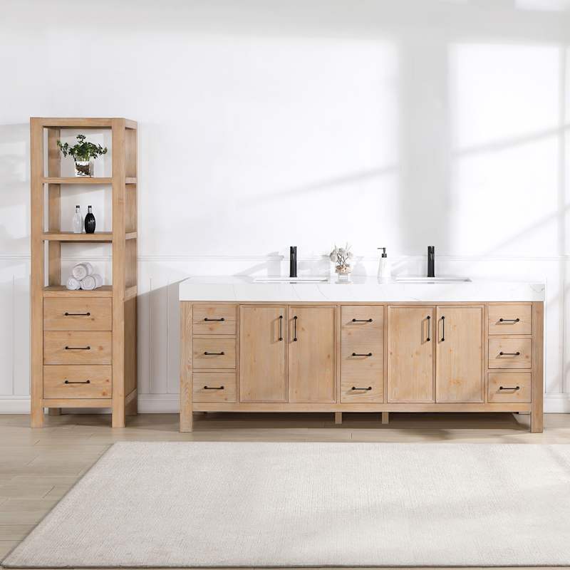Miseno León 84-in Free-Standing Double Vanity Set with Cabinet, Stone Composite Top & Undermount Ceramic Sinks - Fir Wood Brown/Lightning White - Image 2