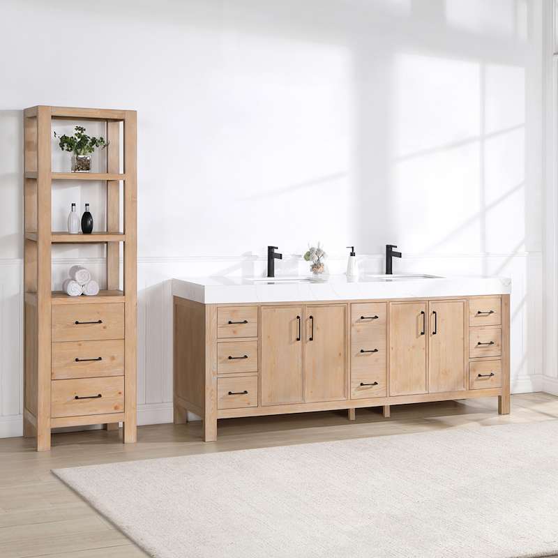 Miseno León 84-in Free-Standing Double Vanity Set with Cabinet, Stone Composite Top & Undermount Ceramic Sinks - Fir Wood Brown/Lightning White - Image 3