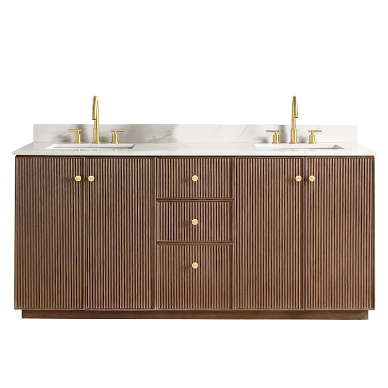 Miseno Oza 72" Free Standing Double Basin Bathroom Vanity Set with Cabinet and Quartz Top – Aged Dark Brown Oak