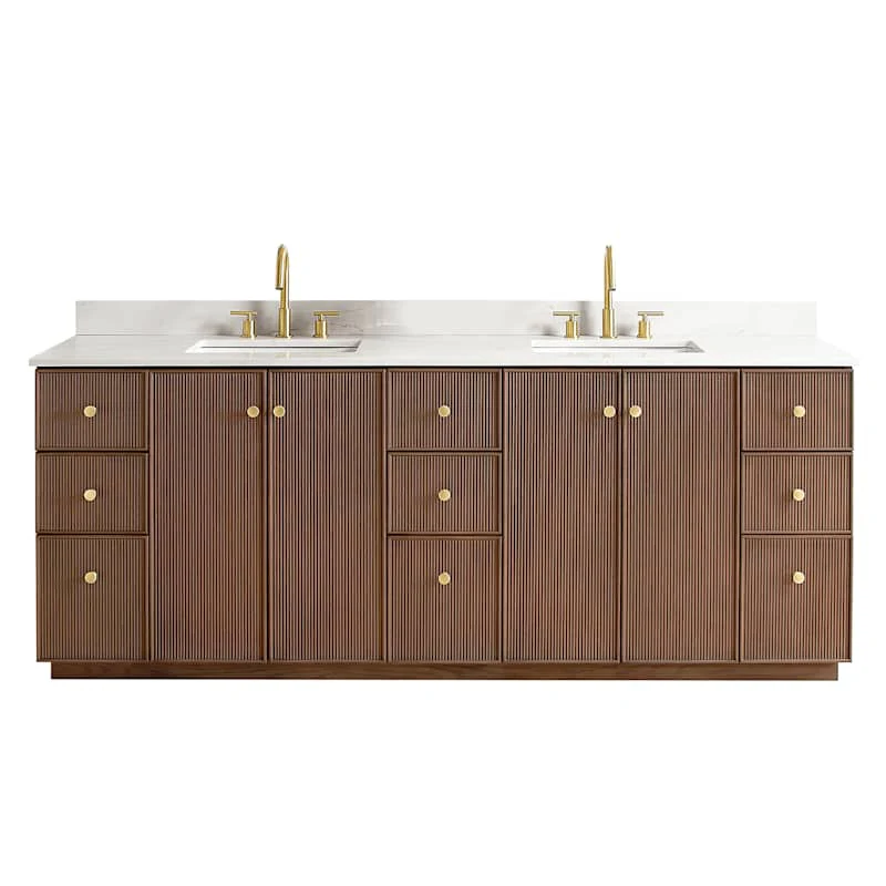 Miseno Oza 84" Free Standing Double Basin Vanity Set with Cabinet and Quartz Vanity Top – Aged Dark Brown Oak