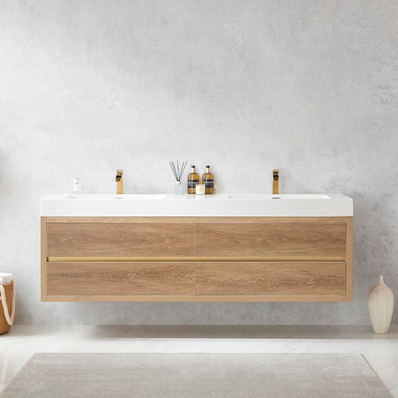 Miseno Palencia 72" Wall Mounted Double Basin Vanity Set with Cabinet and Stone Composite Top – North American Oak - Image 2