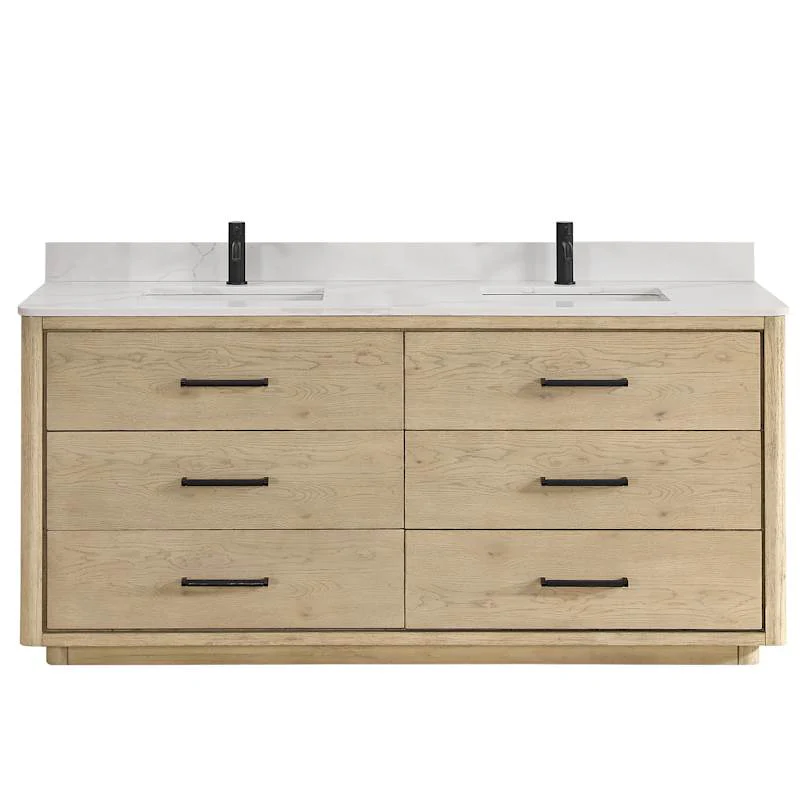 Miseno Porto 72" Free-Standing Double Basin Vanity Set with Cabinet and Quartz Top (Aged Natural Oak / Fish Maw White)