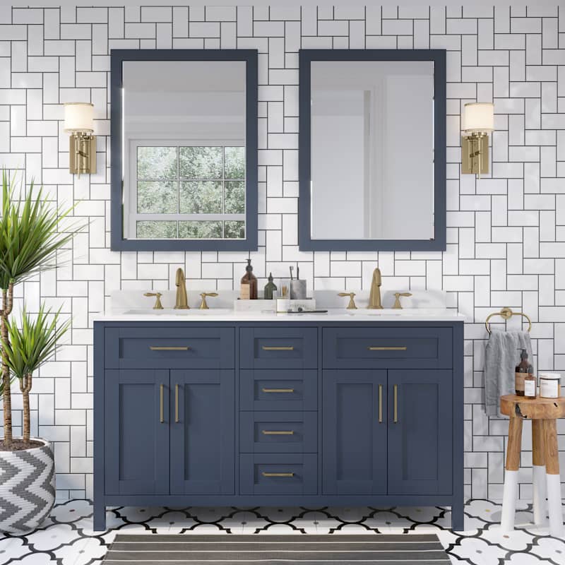 Miseno Tahoe 60" Free Standing Double Basin Vanity Set with Cabinet, Cultured Marble Top, Backsplash and Two 36" Mirrors - Midnight Blue