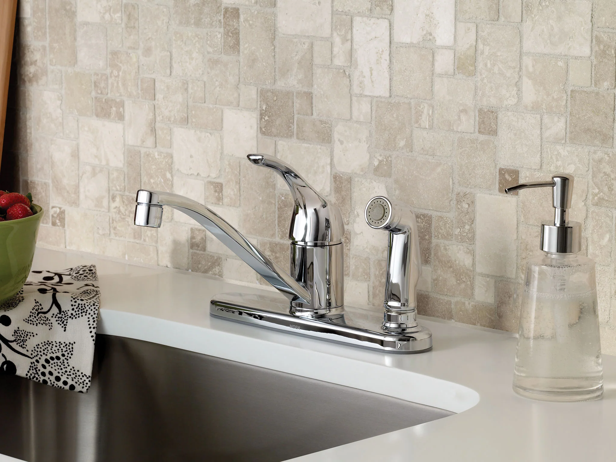 Moen Adler Single-Handle Low Arc Standard Kitchen Faucet with Side Spray, Chrome - Image 2