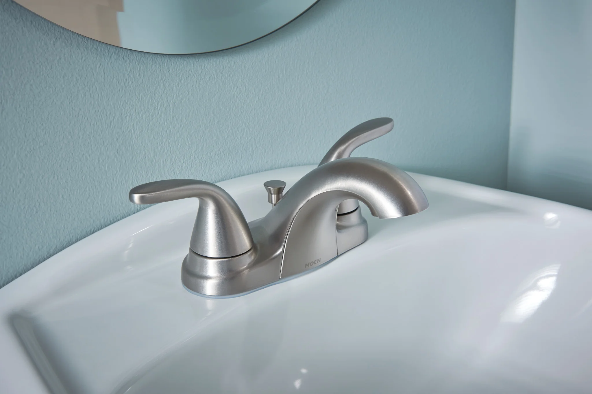 Moen Adler Spot Resist Brushed Nickel 2‑Handle 4-in Centerset WaterSense Bathroom Sink Faucet with Drain - Image 2