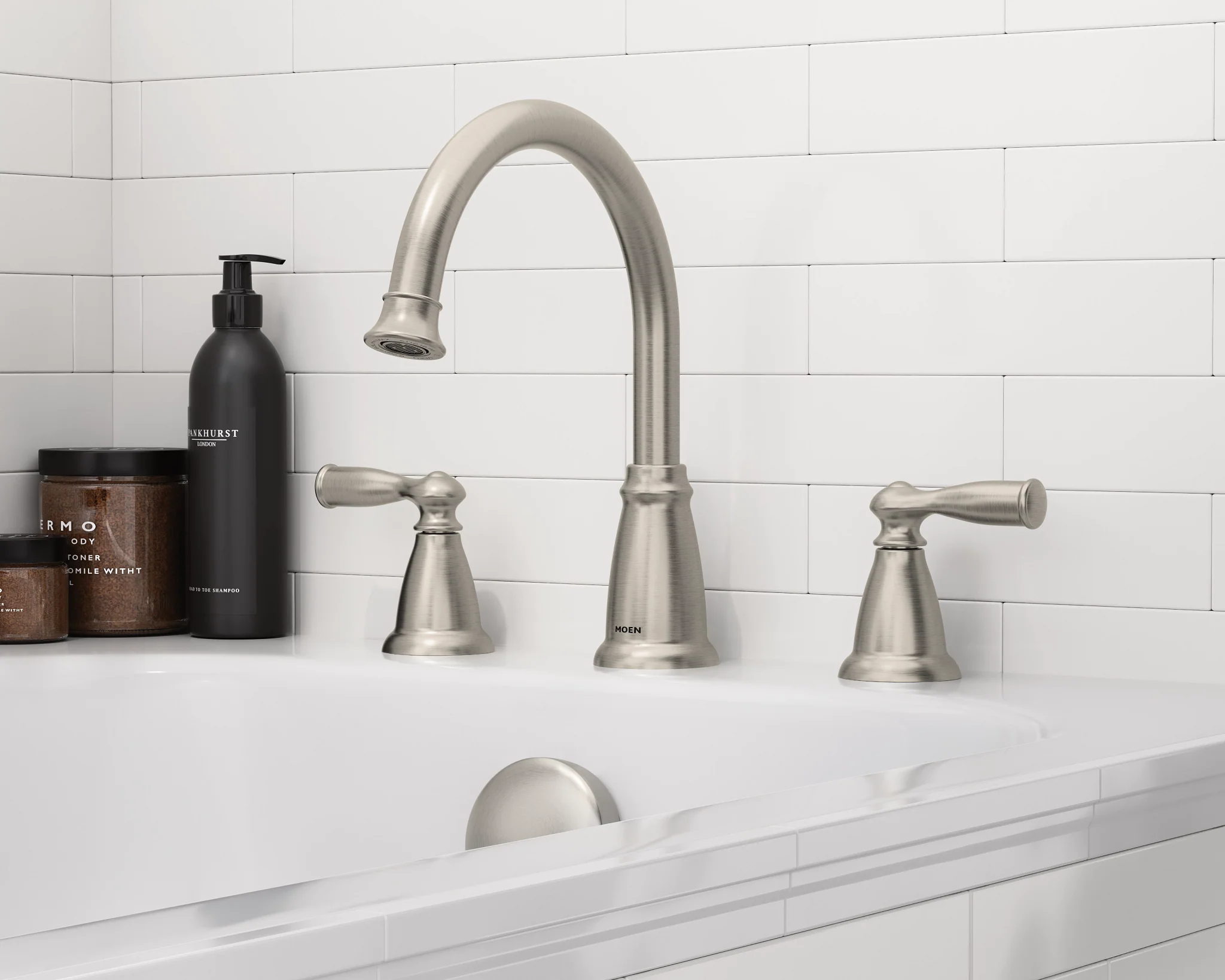 Moen Banbury 2‑Handle Deck‑Mount High Arc Roman Tub Faucet with Valve, Spot Resist Brushed Nickel - Image 2