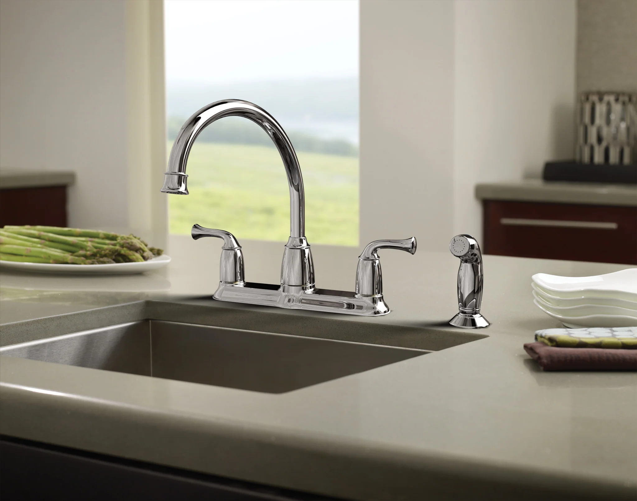 Moen Banbury 2-Handle Mid-Arc Kitchen Faucet with Side Sprayer in Chrome - Image 2