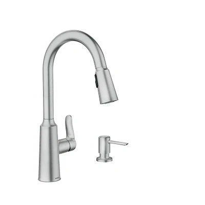 Moen Edwyn Spot Resist Stainless 1‑Handle High Arc Pull‑Down Kitchen Faucet with Deck Plate and Soap Dispenser, Commercial/Residential - Image 3