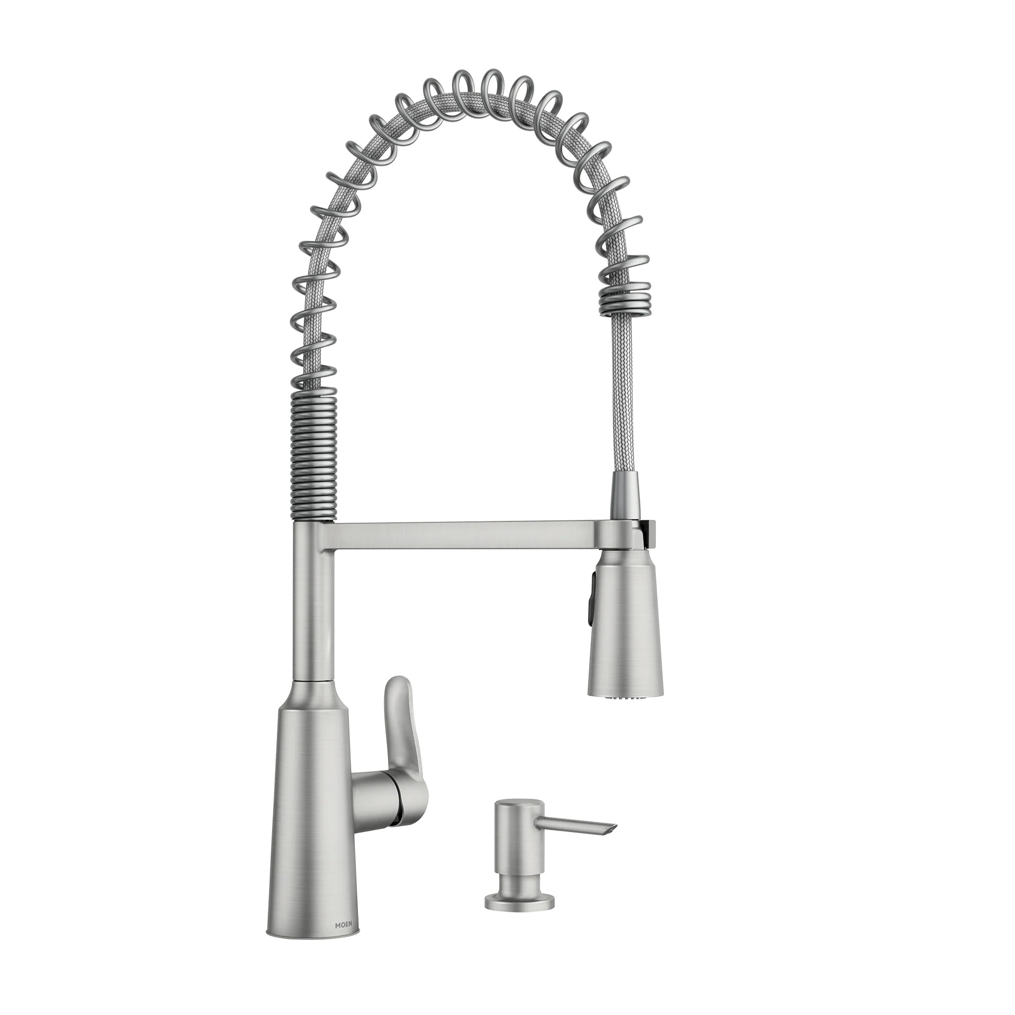 Moen Edwyn Spot Resist Stainless One-Handle Pre‑Rinse Spring Pull‑Down Kitchen Faucet with Soap Dispenser and Deck Plate, 1.5 gpm
