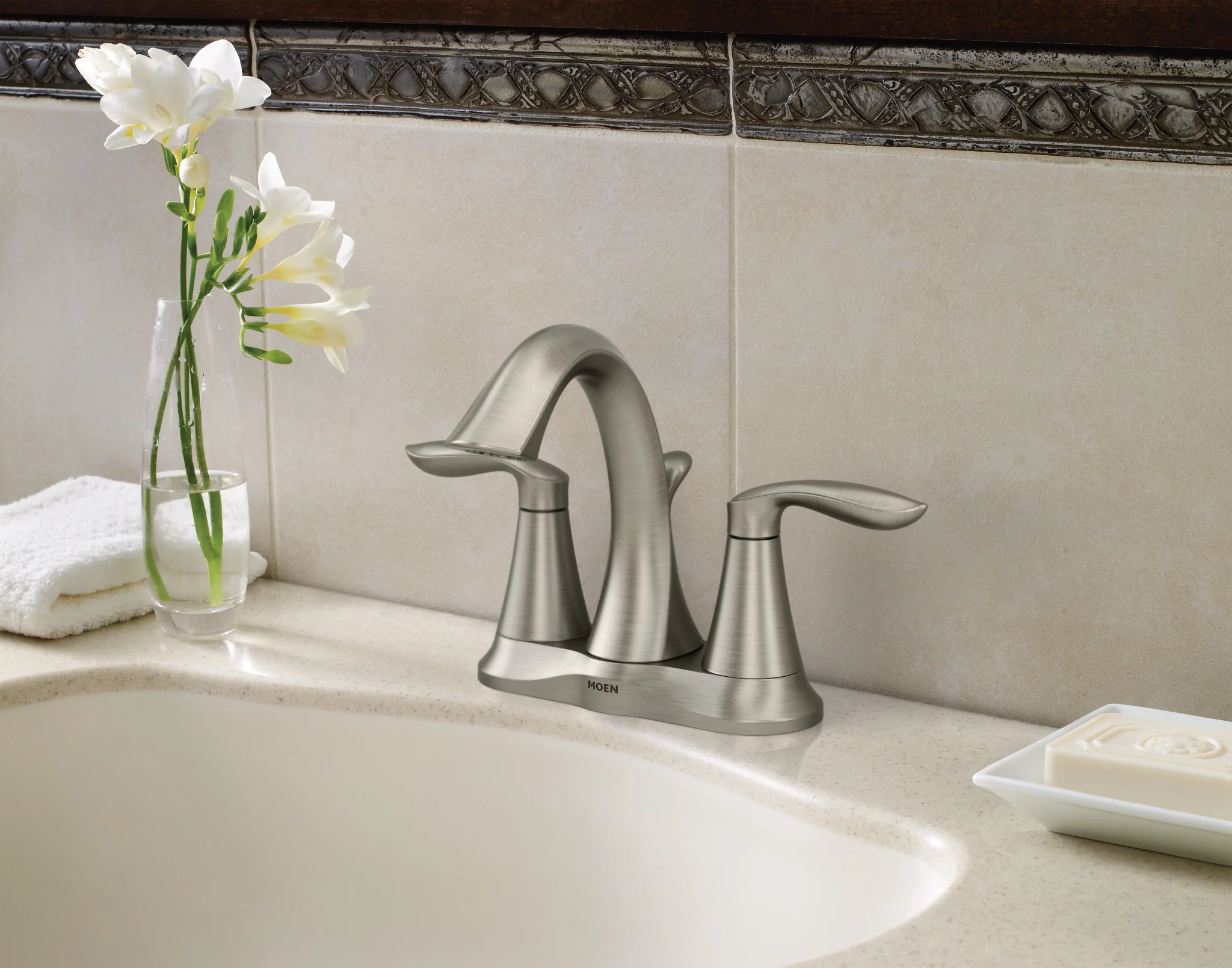 Moen Eva Brushed Nickel 2-Handle 4-in Centerset WaterSense Bathroom Sink Faucet with Drain - Image 3