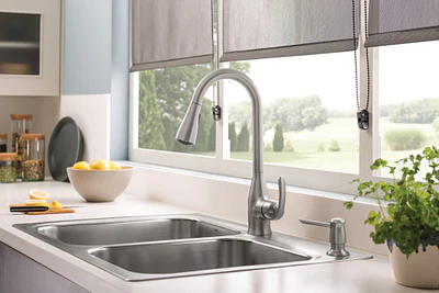 Moen Kelsa 33-in x 22-in Stainless Steel Double Equal Bowl Drop-In or Undermount 2-Hole Residential Kitchen Sink All-in-One Kit - Image 4