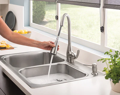 Moen Kelsa 33-in x 22-in Stainless Steel Double Equal Bowl Dual-Mount 2-Hole Kitchen Sink All-in-One Kit with Pulldown Faucet - Image 6