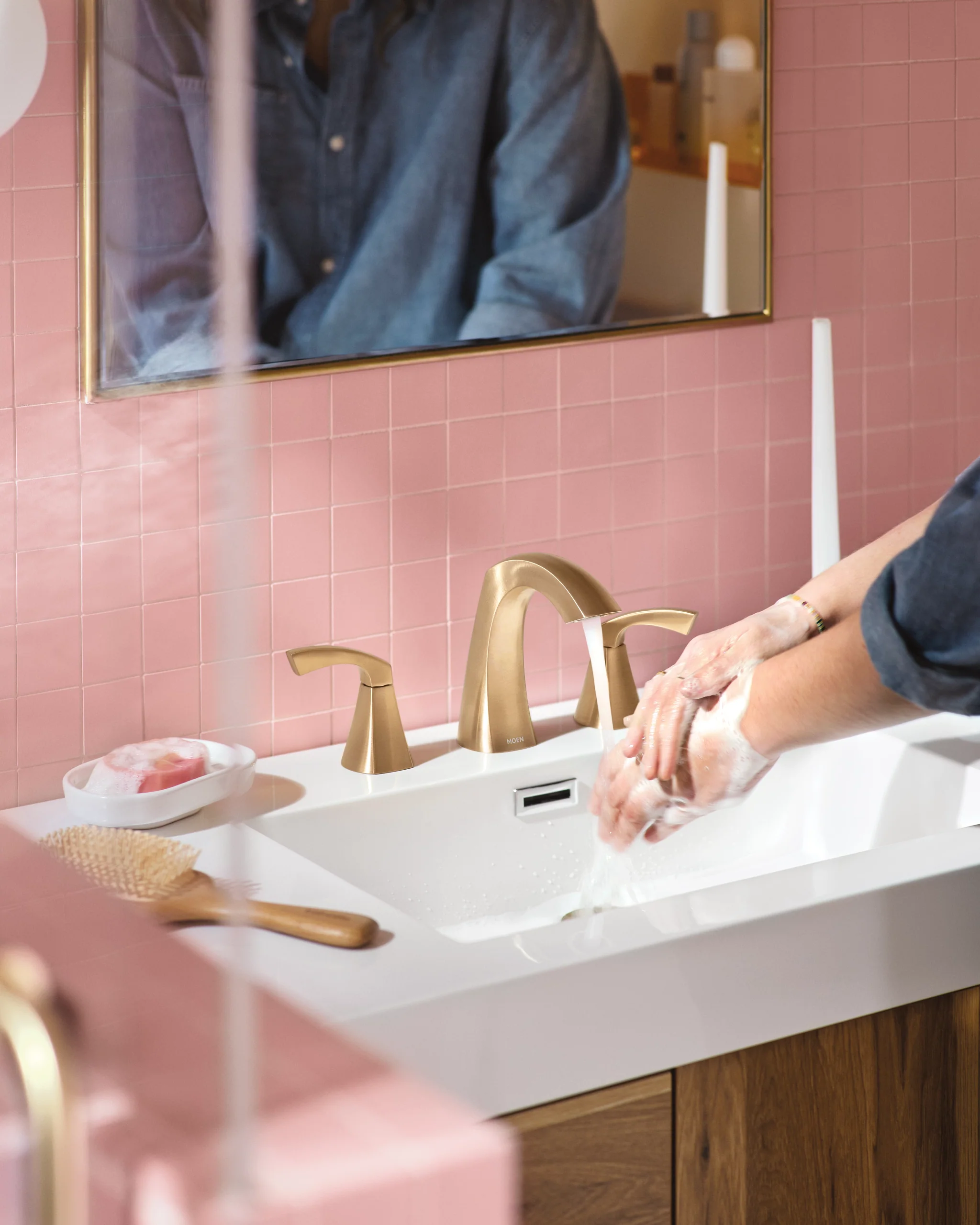 Moen Lindor Spot Resist Brushed Nickel 2‑Handle Widespread WaterSense Bathroom Sink Faucet with Drain - Image 4