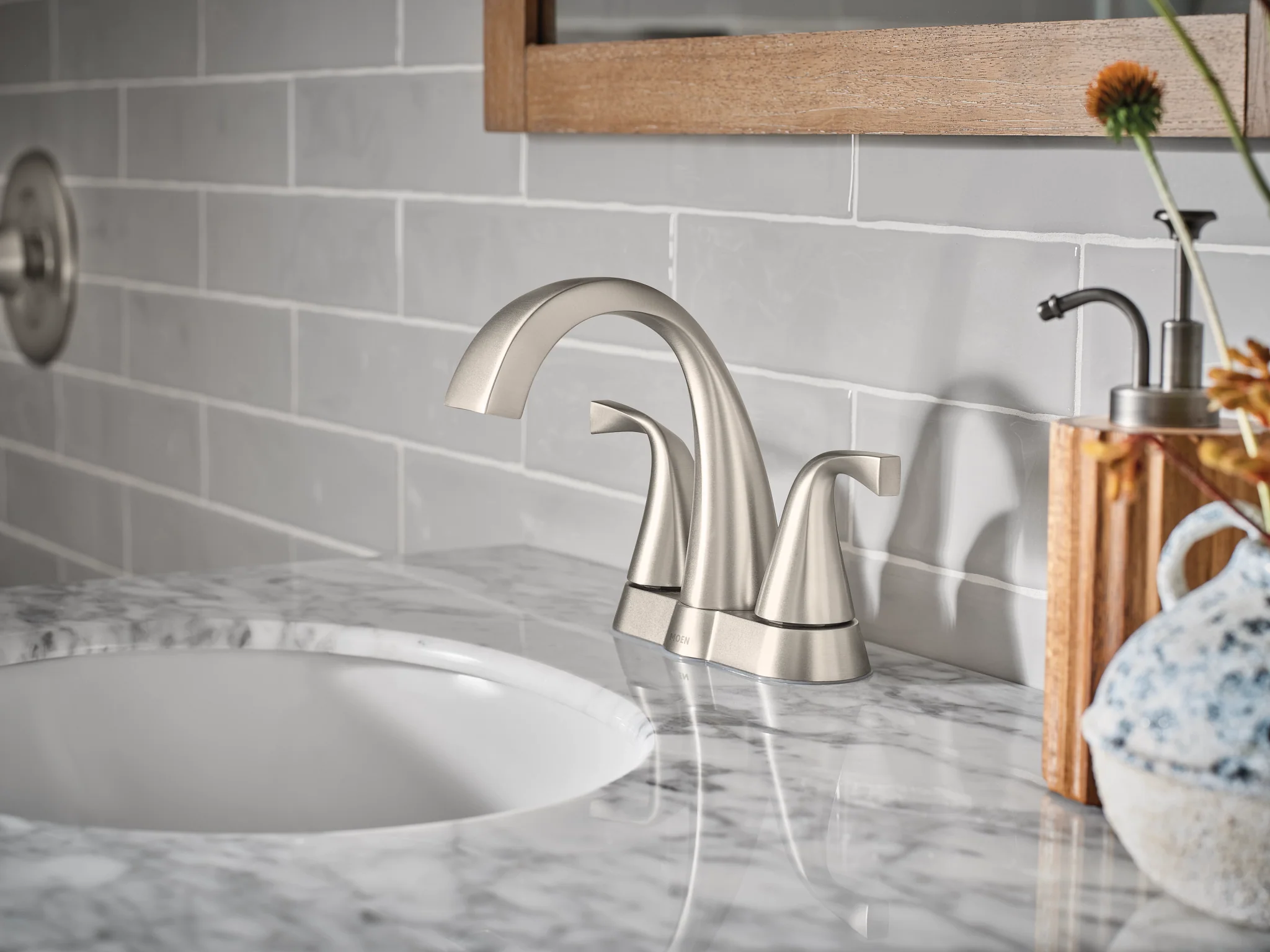 Moen Oxby Spot Resist Brushed Nickel 2‑Handle 4‑in Centerset WaterSense Bathroom Sink Faucet with Drain - Image 2