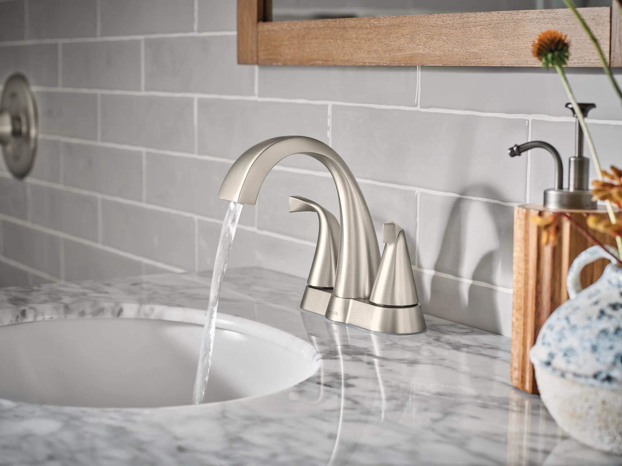 Moen Oxby Spot Resist Brushed Nickel 2‑Handle 4‑in Centerset WaterSense Bathroom Sink Faucet with Drain - Image 3