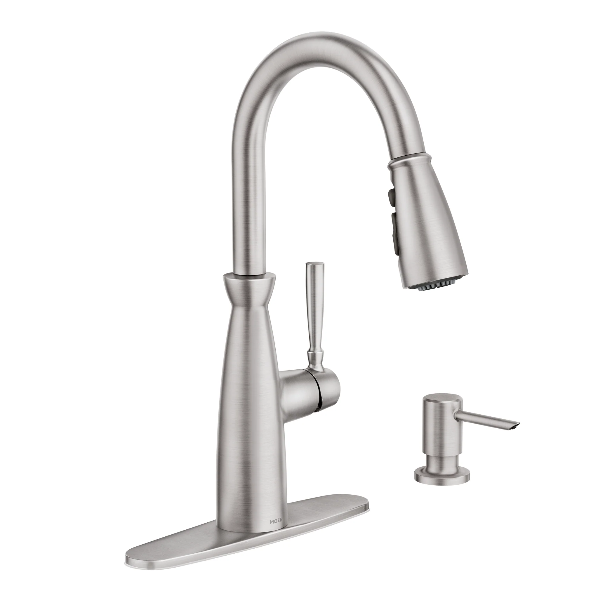 Moen Surie Spot Resist Stainless 1‑Handle High Arc Pull‑Down Kitchen Faucet with Deck Plate & Soap Dispenser, 1.5 GPM