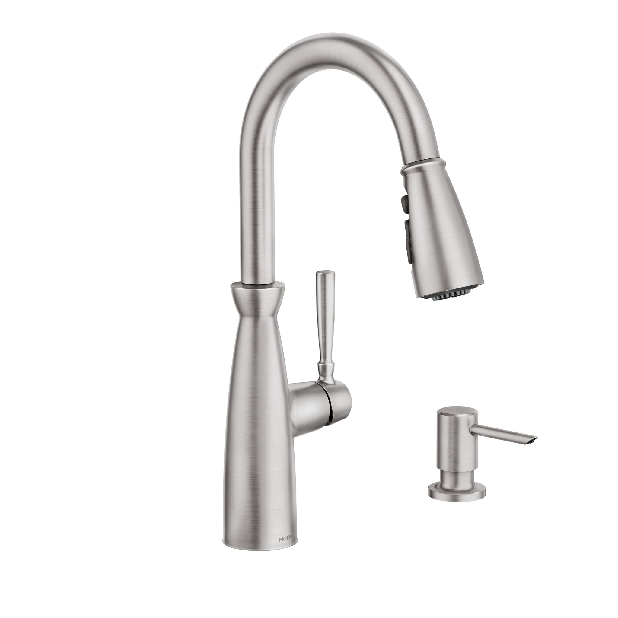 Moen Surie Spot Resist Stainless 1‑Handle High Arc Pull‑Down Kitchen Faucet with Deck Plate & Soap Dispenser, 1.5 GPM - Image 2