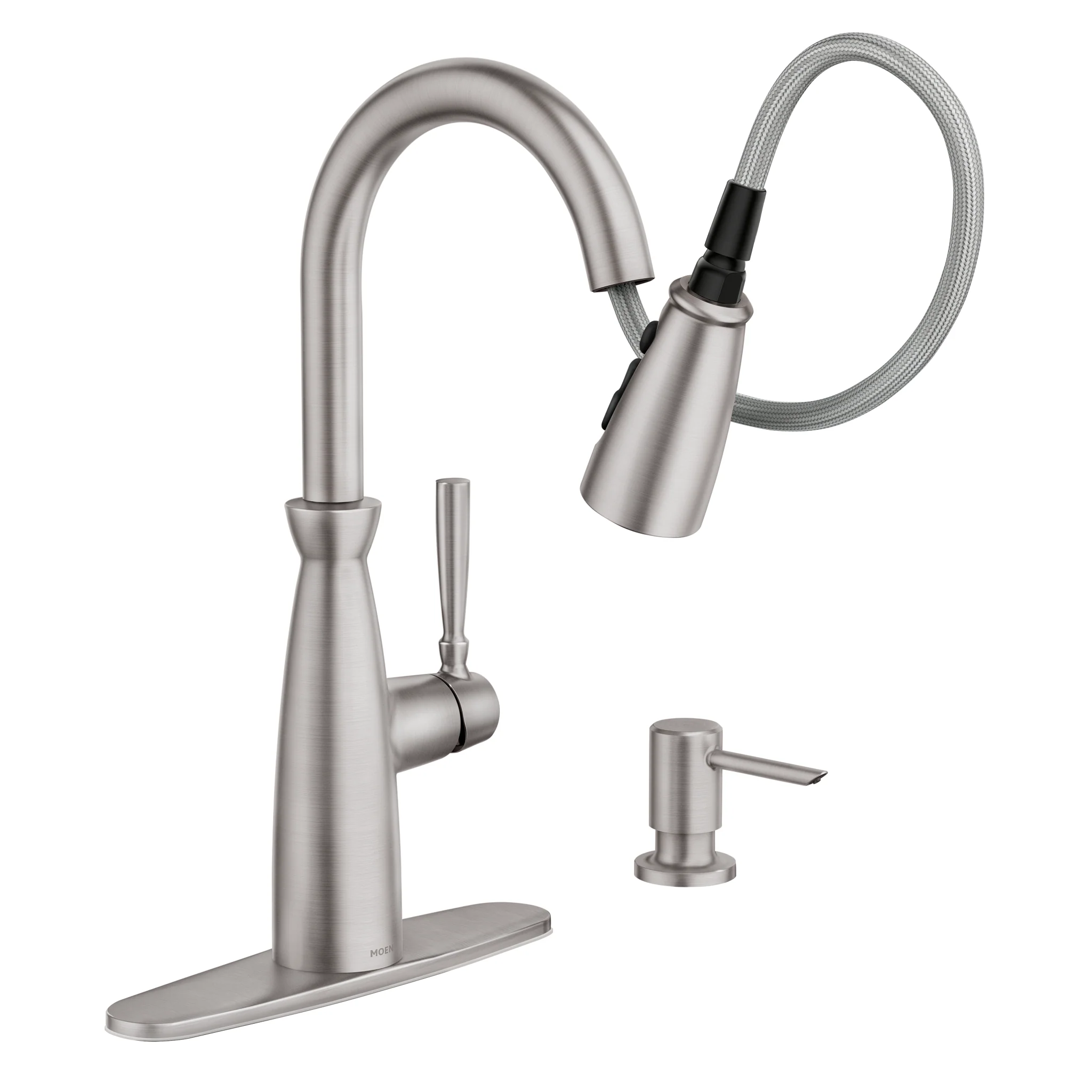 Moen Surie Spot Resist Stainless 1‑Handle High Arc Pull‑Down Kitchen Faucet with Deck Plate & Soap Dispenser, 1.5 GPM - Image 3