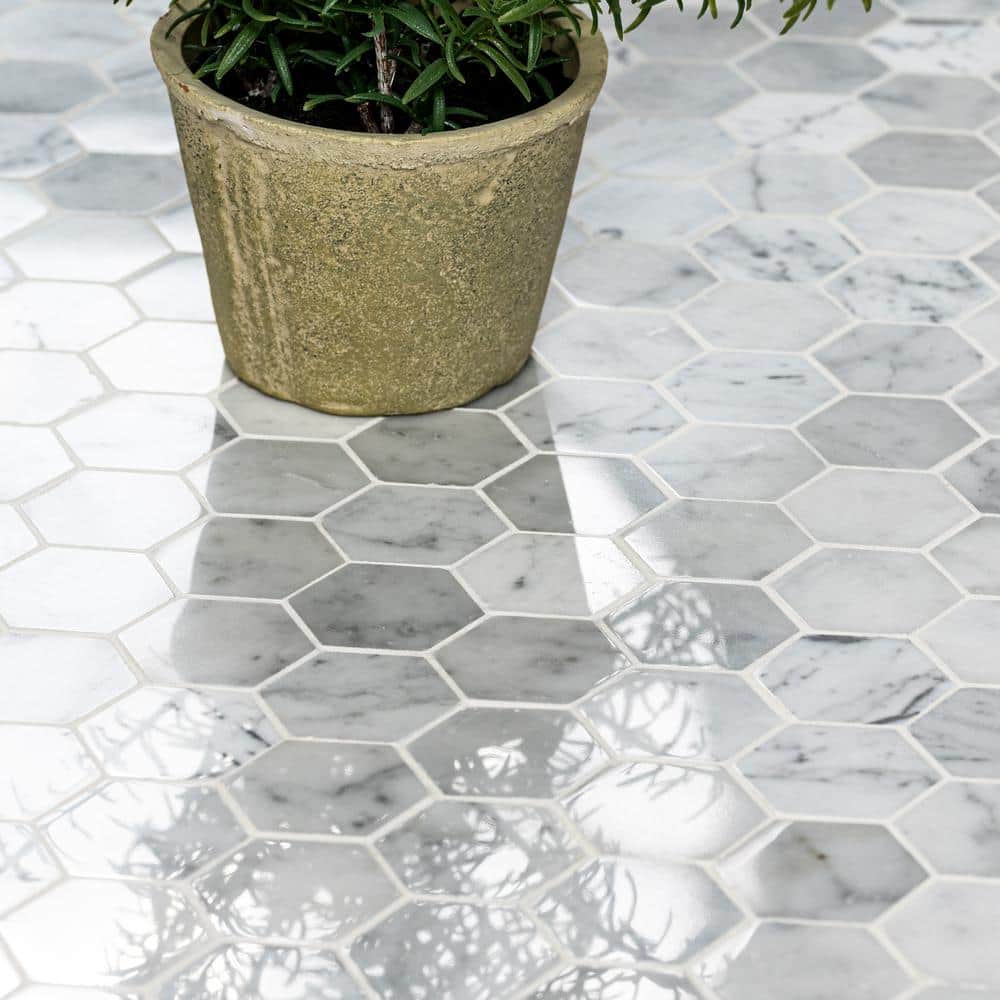 MSI Carrara White Hexagon 12 in. x 12 in. x 10 mm Polished Marble Mesh-Mounted Mosaic Floor and Wall Tile (10 sq. ft. / Case) - Image 6