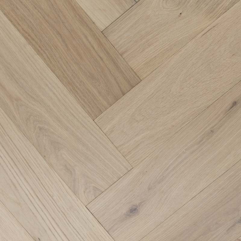 Mullican Castillian Herringbone 4.92" Wide Wire Brushed Engineered European White Oak Flooring, Low Gloss, Monroe Bisque – 13.45 SF/Carton